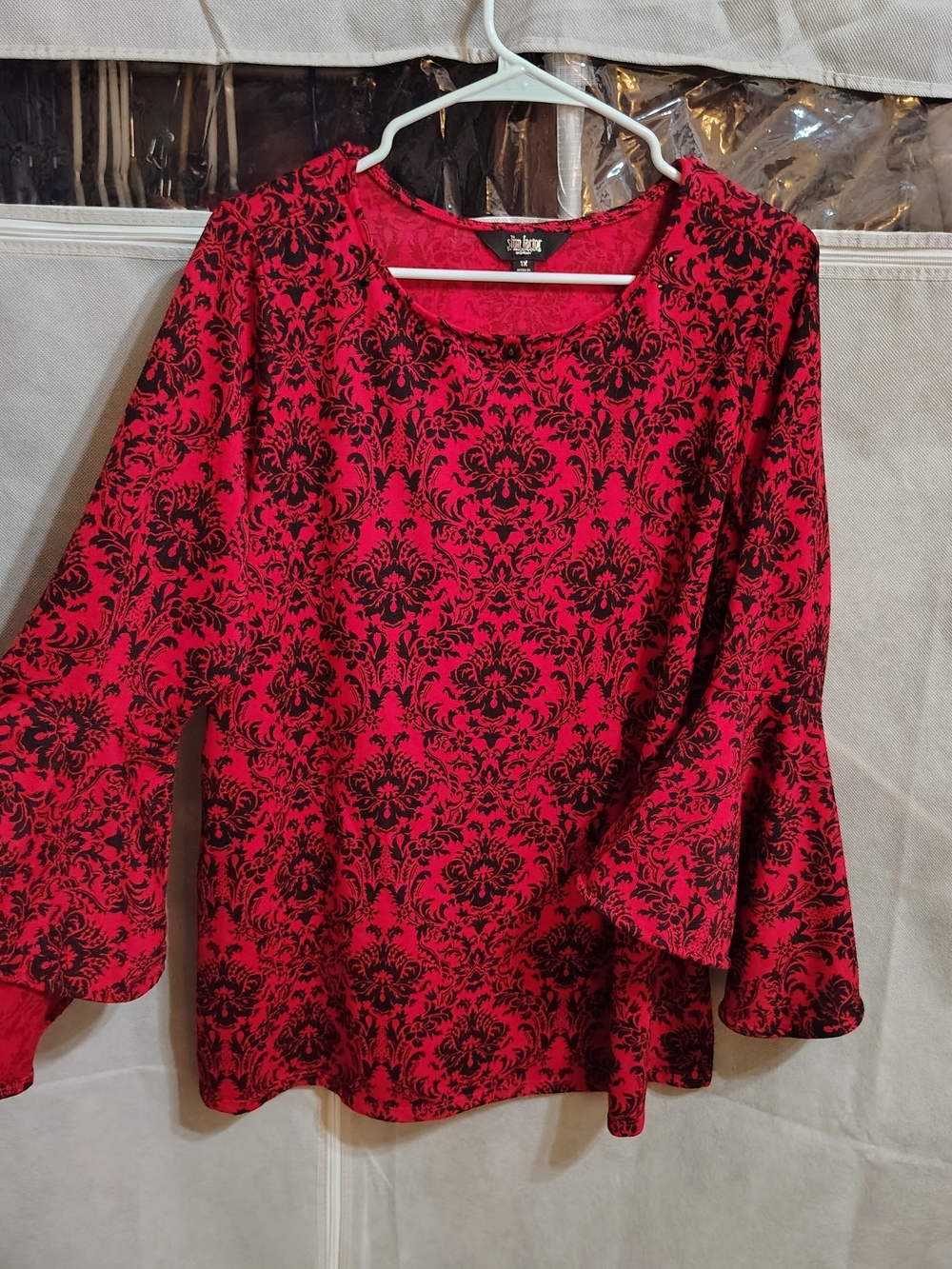 Investments Red and Black Damask Bell Sleeve Blouse